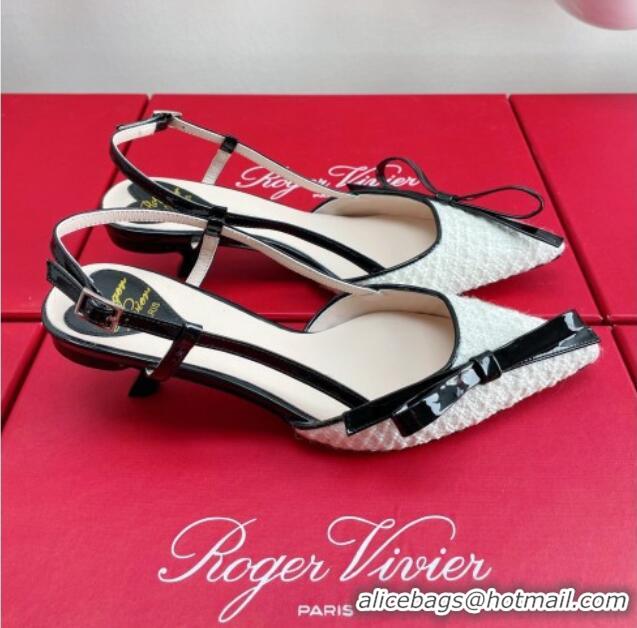 Good Looking Roger Vivier Virgule Bow Slingback Pumps in White Tweed 4.5cm Heel 392223