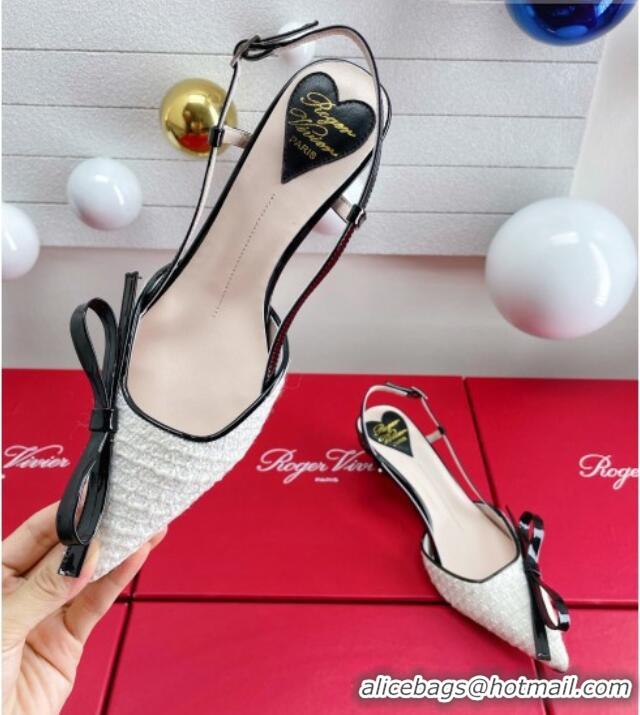 Good Looking Roger Vivier Virgule Bow Slingback Pumps in White Tweed 4.5cm Heel 392223