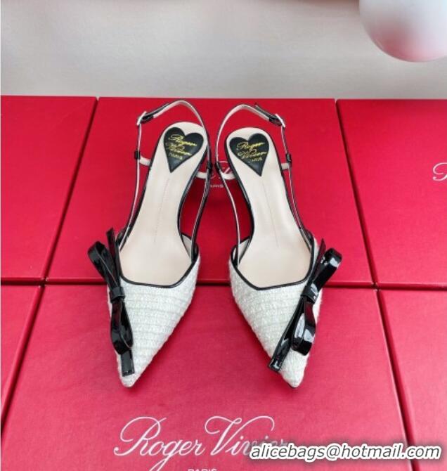 Good Looking Roger Vivier Virgule Bow Slingback Pumps in White Tweed 4.5cm Heel 392223