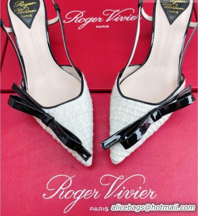 Good Looking Roger Vivier Virgule Bow Slingback Pumps in White Tweed 4.5cm Heel 392223