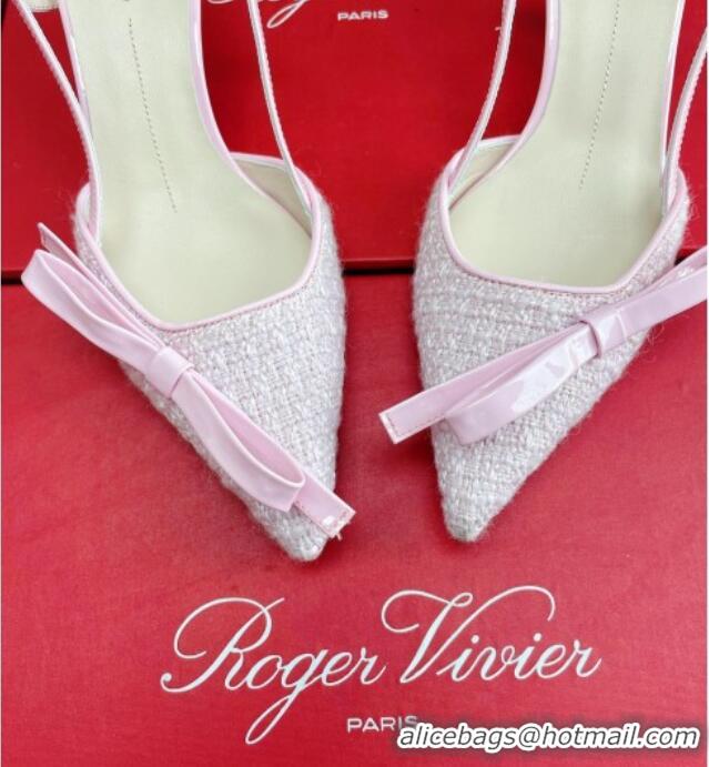 Luxurious Roger Vivier Virgule Bow Slingback Pumps in Pink Tweed 4.5cm Heel 392222