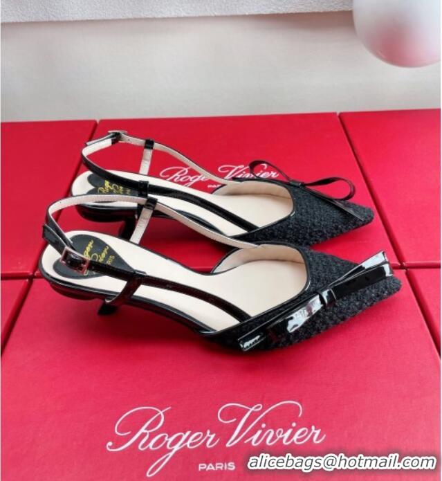 Top Grade Roger Vivier Virgule Bow Slingback Pumps in Black Tweed 4.5cm Heel 392221