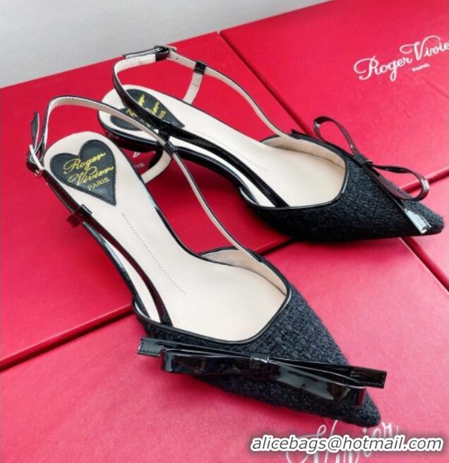 Top Grade Roger Vivier Virgule Bow Slingback Pumps in Black Tweed 4.5cm Heel 392221