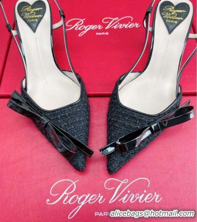 Top Grade Roger Vivier Virgule Bow Slingback Pumps in Black Tweed 4.5cm Heel 392221