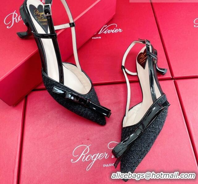 Top Grade Roger Vivier Virgule Bow Slingback Pumps in Black Tweed 4.5cm Heel 392221