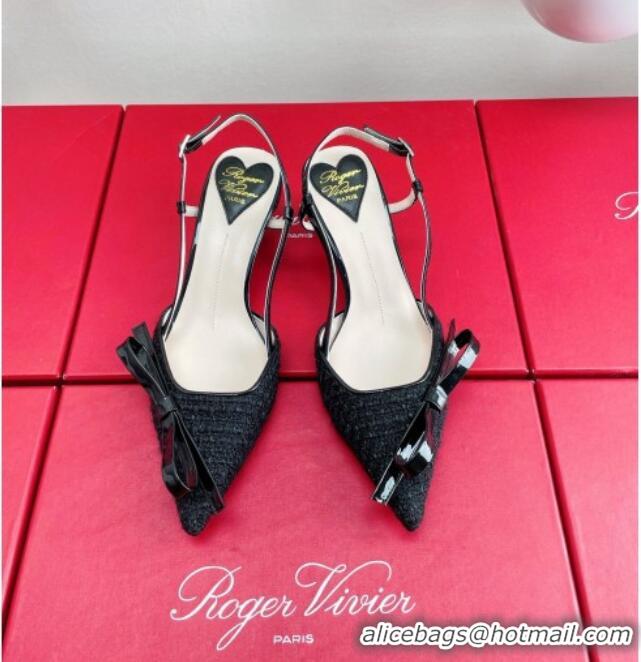 Top Grade Roger Vivier Virgule Bow Slingback Pumps in Black Tweed 4.5cm Heel 392221