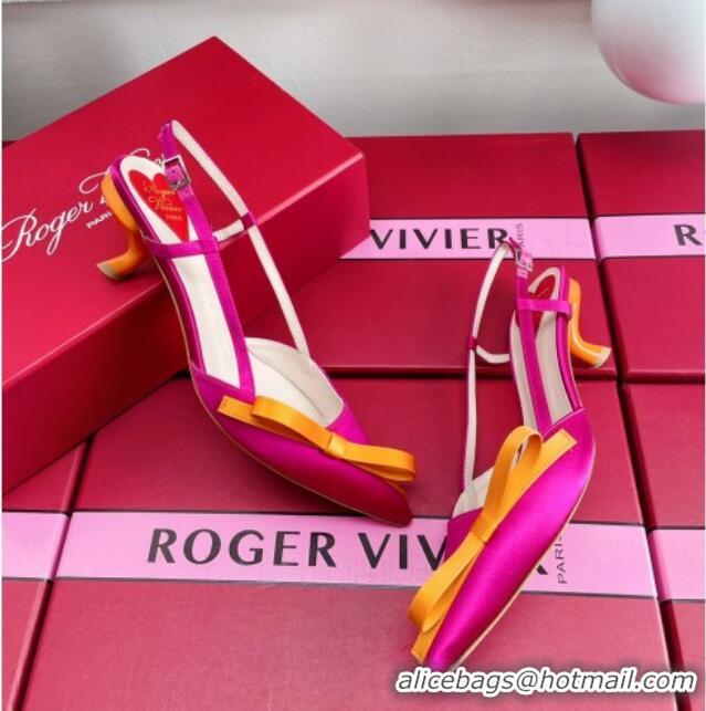 Top Design Roger Vivier Virgule Bow Slingback Pumps in Satin 4.5cm Heel Rosy 392219