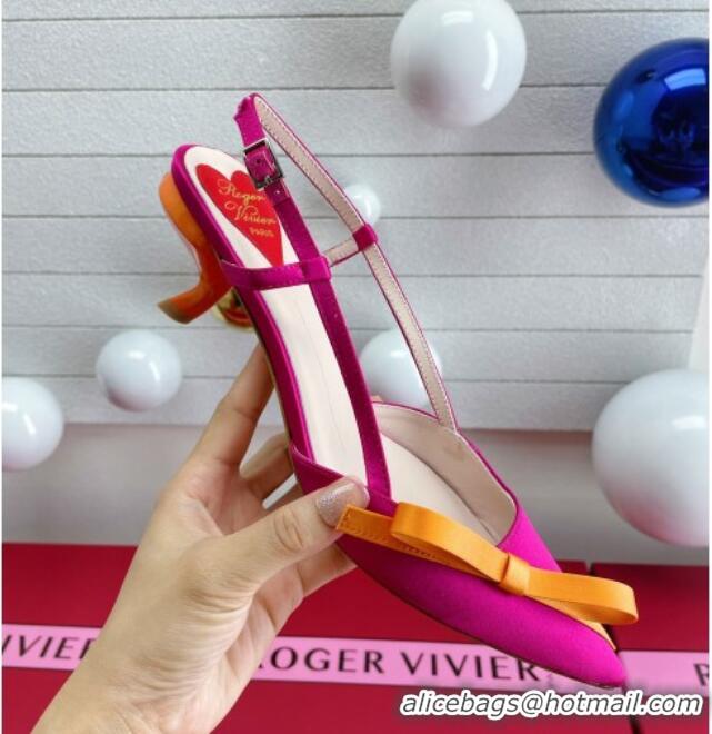 Top Design Roger Vivier Virgule Bow Slingback Pumps in Satin 4.5cm Heel Rosy 392219