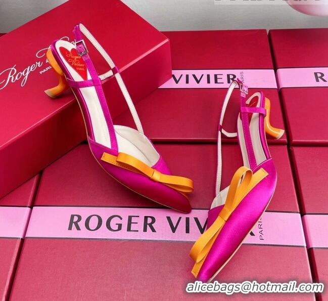 Top Design Roger Vivier Virgule Bow Slingback Pumps in Satin 4.5cm Heel Rosy 392219