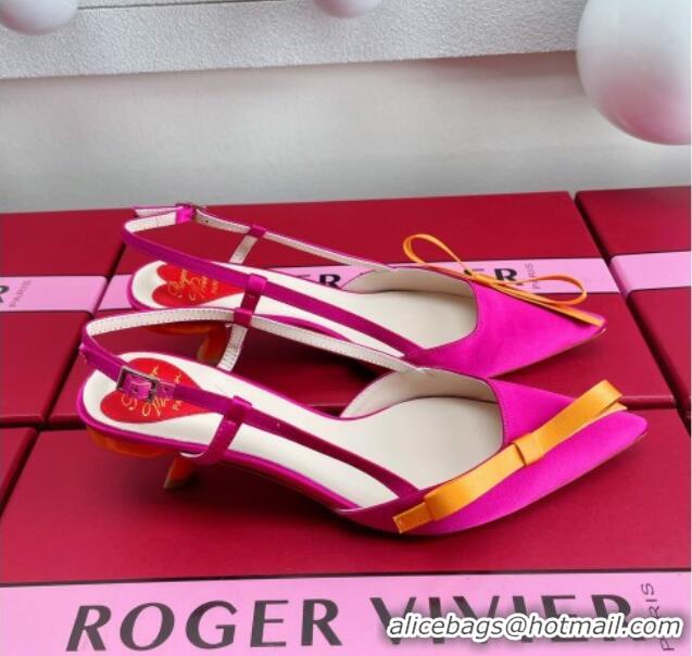 Top Design Roger Vivier Virgule Bow Slingback Pumps in Satin 4.5cm Heel Rosy 392219