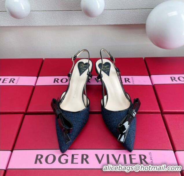 Most Popular Roger Vivier Virgule Bow Slingback Pumps in Blue Tweed 4.5cm Heel 392218