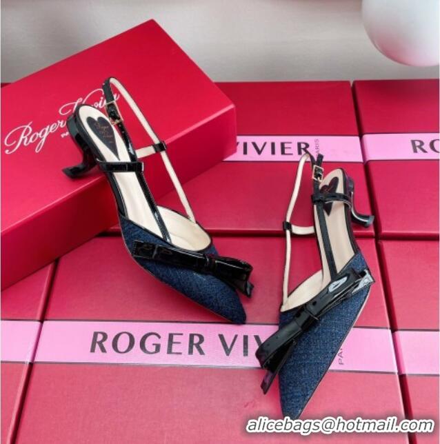 Most Popular Roger Vivier Virgule Bow Slingback Pumps in Blue Tweed 4.5cm Heel 392218