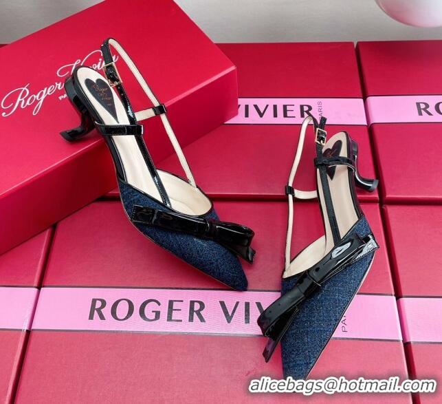 Most Popular Roger Vivier Virgule Bow Slingback Pumps in Blue Tweed 4.5cm Heel 392218