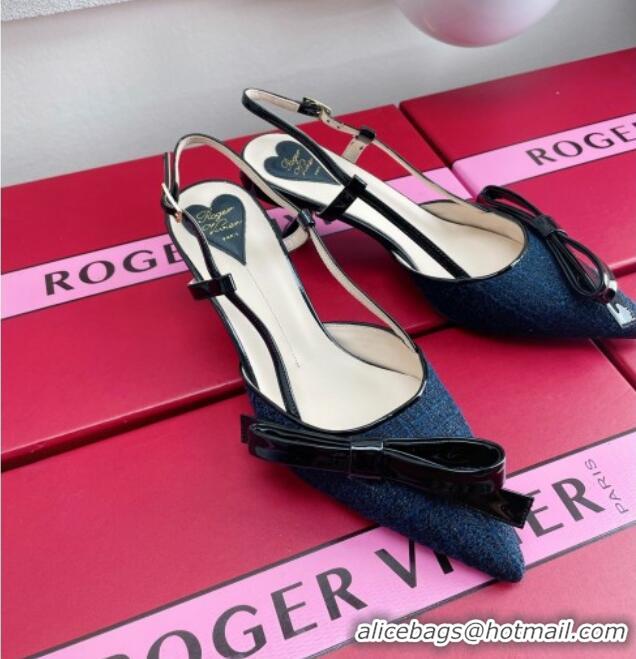 Most Popular Roger Vivier Virgule Bow Slingback Pumps in Blue Tweed 4.5cm Heel 392218