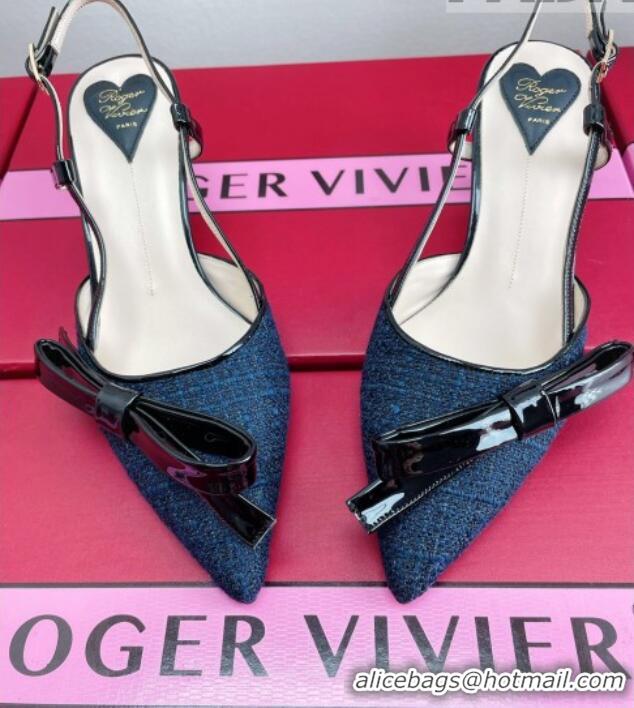 Most Popular Roger Vivier Virgule Bow Slingback Pumps in Blue Tweed 4.5cm Heel 392218