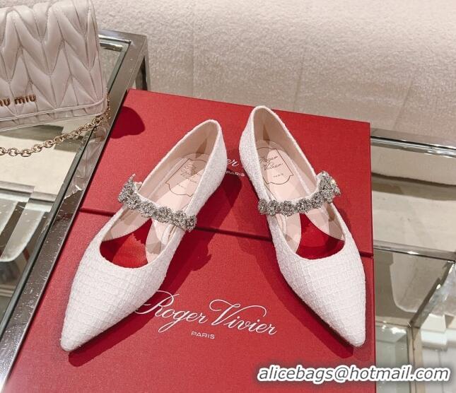 Pretty Style Roger Vivier Bouquet Flower Babies Flat Ballerina in White Tweed 392215