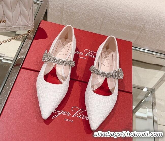 Pretty Style Roger Vivier Bouquet Flower Babies Flat Ballerina in White Tweed 392215