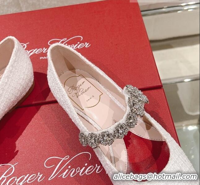 Pretty Style Roger Vivier Bouquet Flower Babies Flat Ballerina in White Tweed 392215