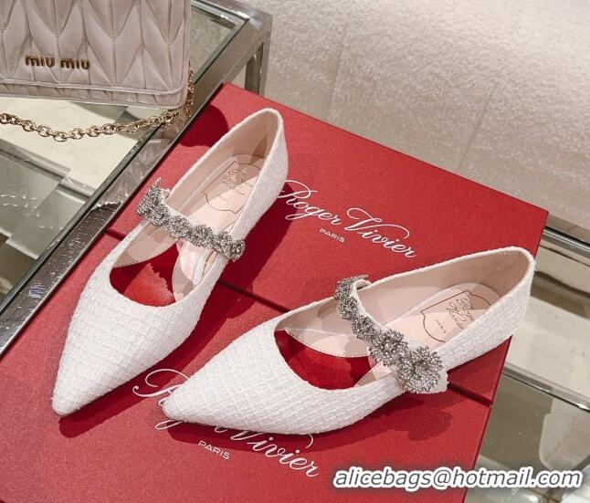 Pretty Style Roger Vivier Bouquet Flower Babies Flat Ballerina in White Tweed 392215