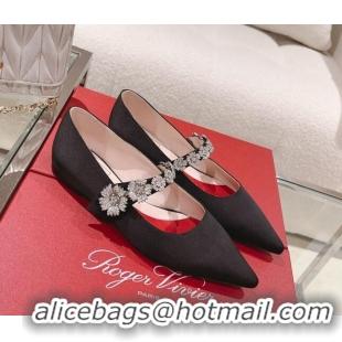 Cheap Price Roger Vivier Bouquet Flower Babies Flat Ballerina in Satin Black 392212