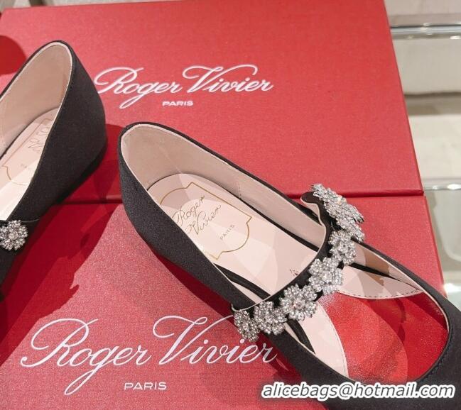 Cheap Price Roger Vivier Bouquet Flower Babies Flat Ballerina in Satin Black 392212