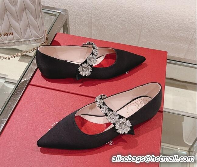 Cheap Price Roger Vivier Bouquet Flower Babies Flat Ballerina in Satin Black 392212