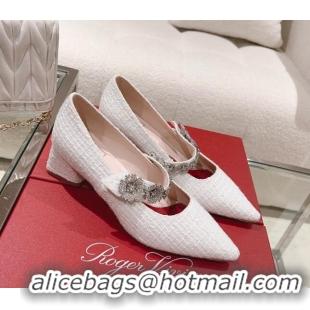 Low Price Roger Vivier Bouquet Flower Babies Pumps in White Tweed 4.5cm Heel 392211