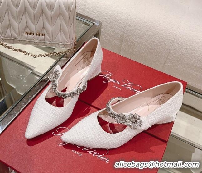 Low Price Roger Vivier Bouquet Flower Babies Pumps in White Tweed 4.5cm Heel 392211