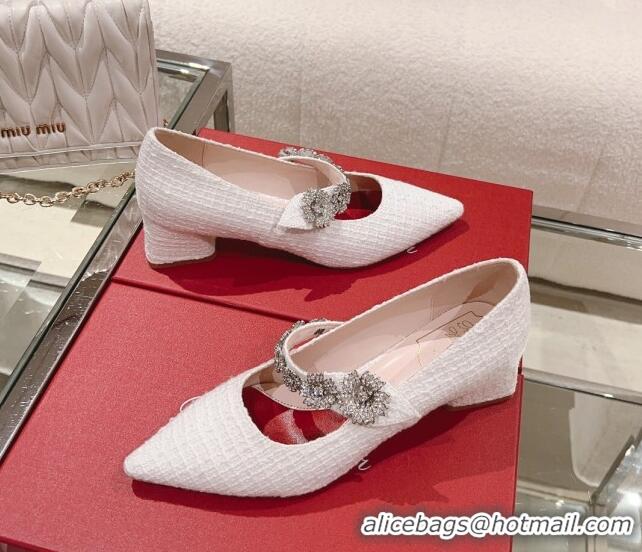 Low Price Roger Vivier Bouquet Flower Babies Pumps in White Tweed 4.5cm Heel 392211