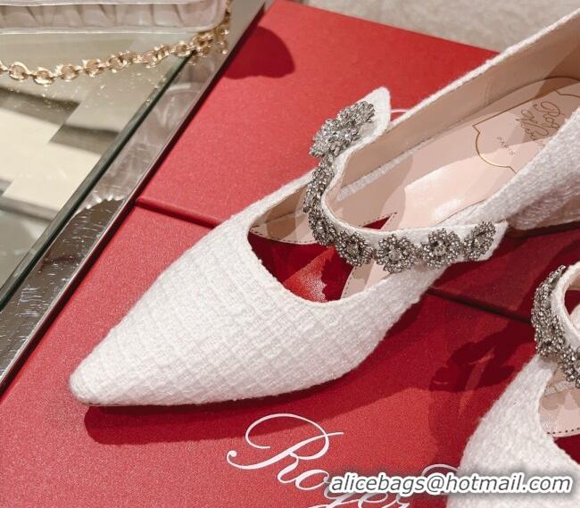 Low Price Roger Vivier Bouquet Flower Babies Pumps in White Tweed 4.5cm Heel 392211