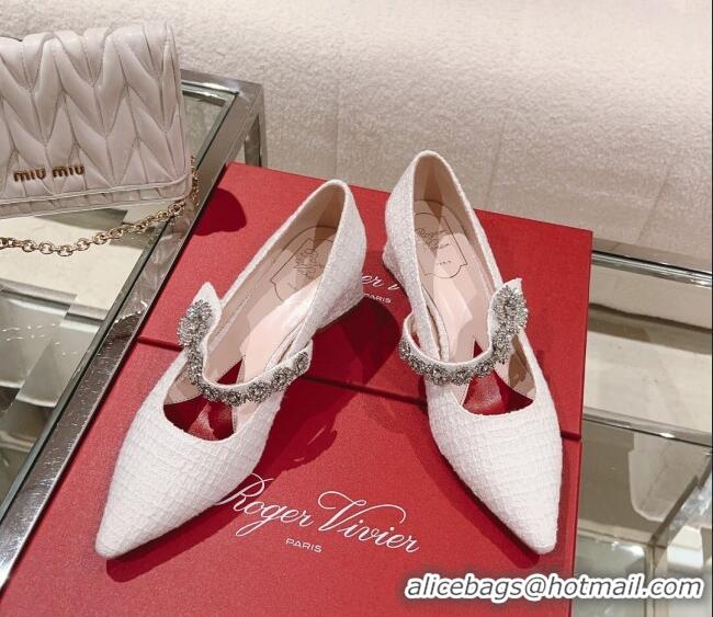 Low Price Roger Vivier Bouquet Flower Babies Pumps in White Tweed 4.5cm Heel 392211