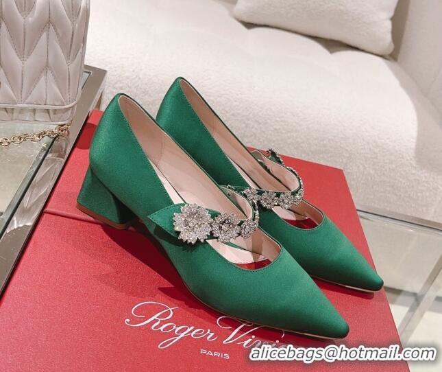 Low Cost Roger Vivier Bouquet Flower Babies Pumps in Satin 4.5cm Heel Green 392210