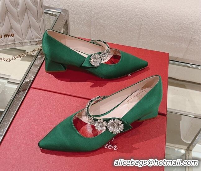 Low Cost Roger Vivier Bouquet Flower Babies Pumps in Satin 4.5cm Heel Green 392210