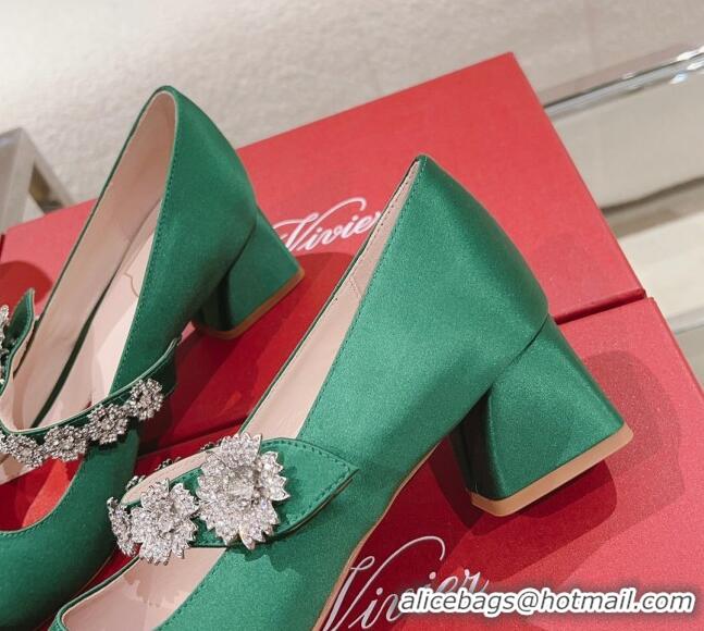 Low Cost Roger Vivier Bouquet Flower Babies Pumps in Satin 4.5cm Heel Green 392210