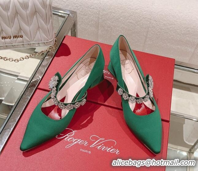 Low Cost Roger Vivier Bouquet Flower Babies Pumps in Satin 4.5cm Heel Green 392210