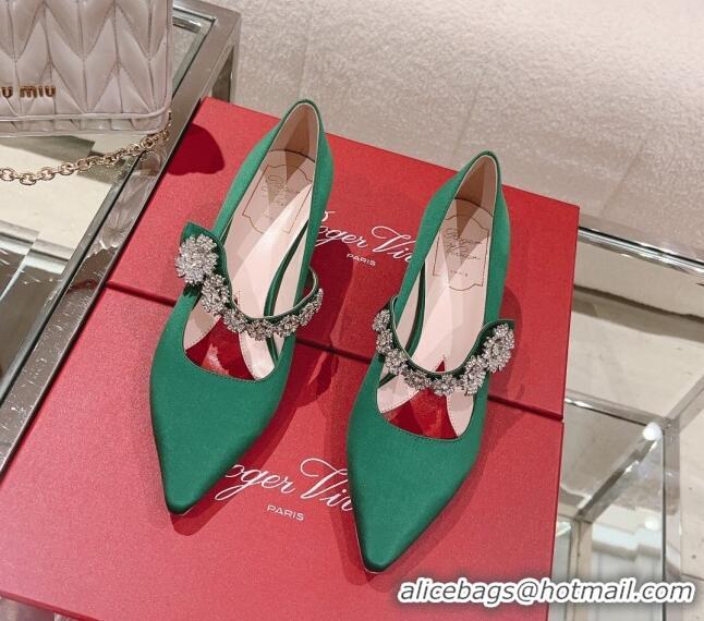 Low Cost Roger Vivier Bouquet Flower Babies Pumps in Satin 4.5cm Heel Green 392210