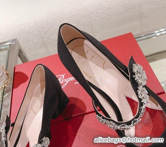 Best Grade Roger Vivier Bouquet Flower Babies Pumps in Satin 4.5cm Heel Black 392208