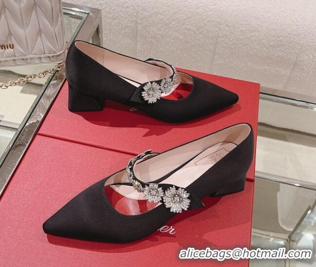 Best Grade Roger Vivier Bouquet Flower Babies Pumps in Satin 4.5cm Heel Black 392208