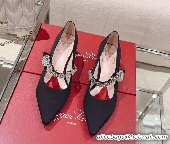 Best Grade Roger Vivier Bouquet Flower Babies Pumps in Satin 4.5cm Heel Black 392208