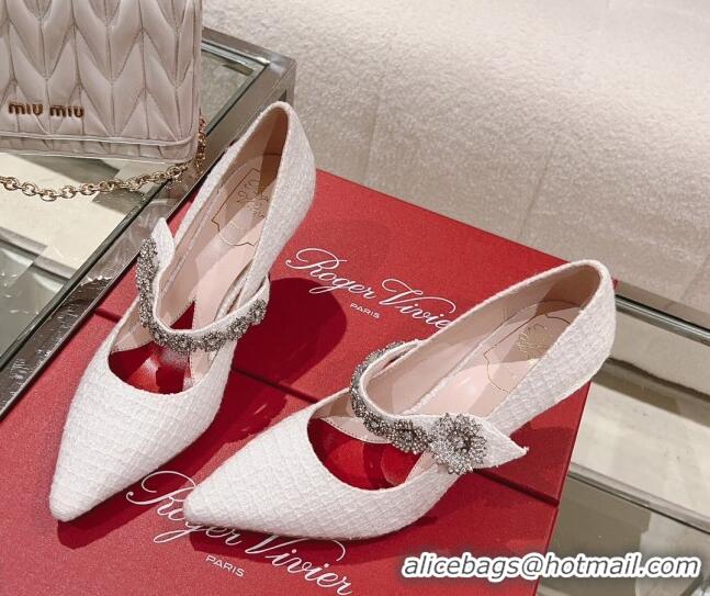 Grade Quality Roger Vivier Bouquet Flower Babies Pumps in White Tweed 8.5cm Heel 392207