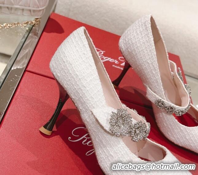 Grade Quality Roger Vivier Bouquet Flower Babies Pumps in White Tweed 8.5cm Heel 392207