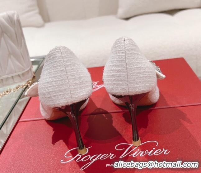 Grade Quality Roger Vivier Bouquet Flower Babies Pumps in White Tweed 8.5cm Heel 392207