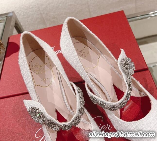 Grade Quality Roger Vivier Bouquet Flower Babies Pumps in White Tweed 8.5cm Heel 392207