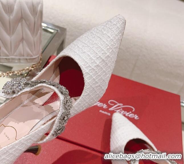 Grade Quality Roger Vivier Bouquet Flower Babies Pumps in White Tweed 8.5cm Heel 392207