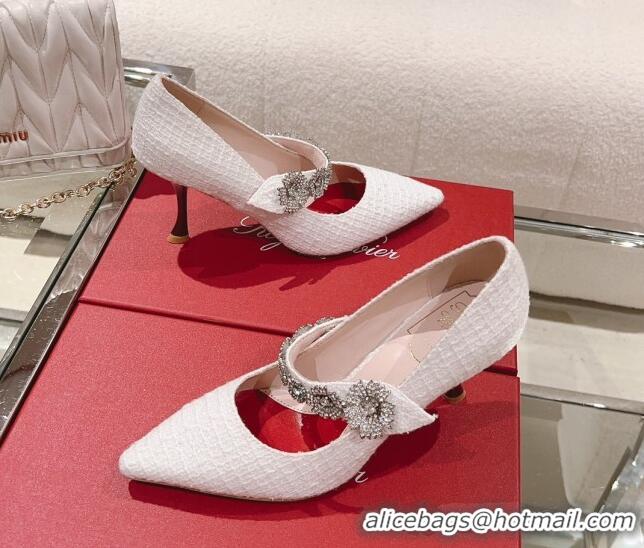 Grade Quality Roger Vivier Bouquet Flower Babies Pumps in White Tweed 8.5cm Heel 392207