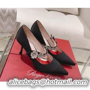 Classic Hot Roger Vivier Bouquet Flower Babies Pumps in Satin 8.5cm Heel Black 392204