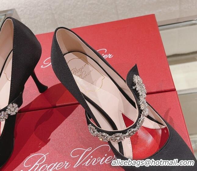 Classic Hot Roger Vivier Bouquet Flower Babies Pumps in Satin 8.5cm Heel Black 392204