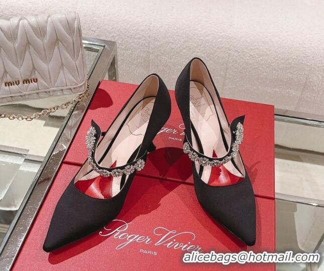 Classic Hot Roger Vivier Bouquet Flower Babies Pumps in Satin 8.5cm Heel Black 392204