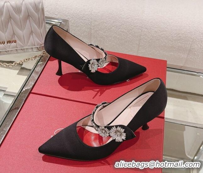 Classic Hot Roger Vivier Bouquet Flower Babies Pumps in Satin 8.5cm Heel Black 392204