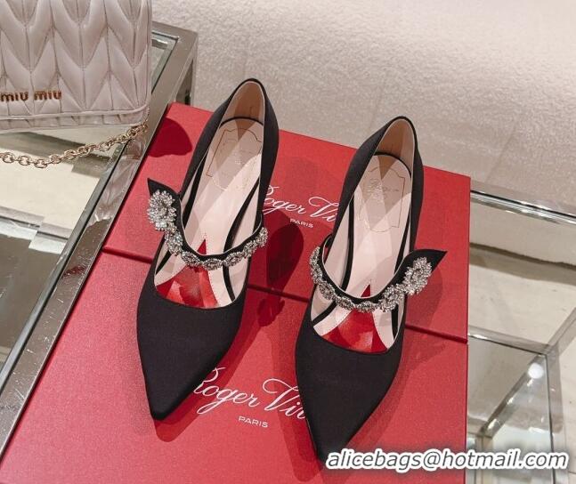 Classic Hot Roger Vivier Bouquet Flower Babies Pumps in Satin 8.5cm Heel Black 392204